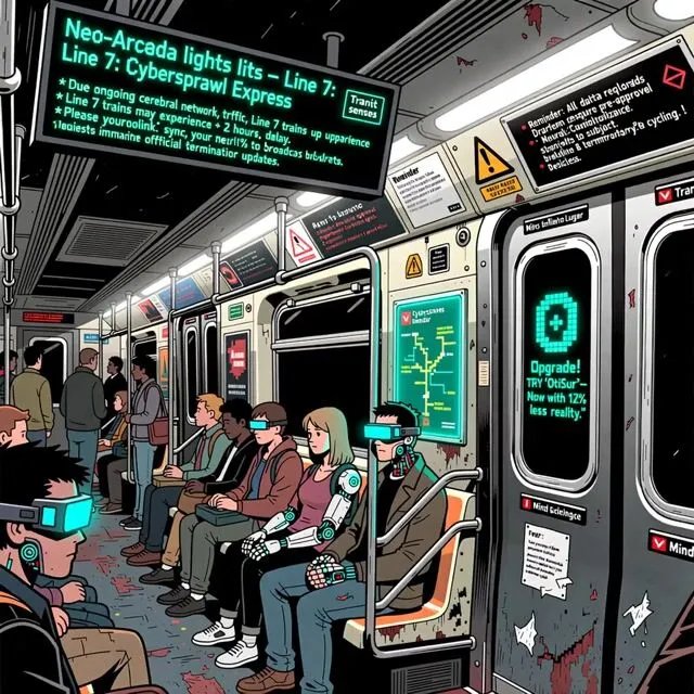 Line 7: illustrated passengers in a cyberpunk subway carriage.