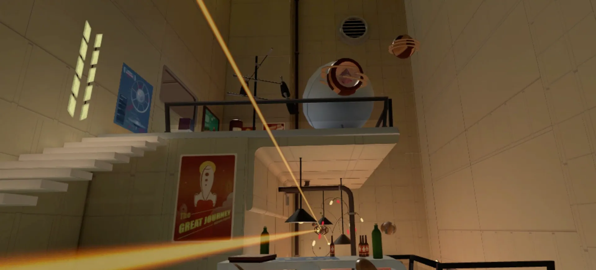 A room in Kitty Nigiri with laser puzzles, suspended objects, and a science-fiction travel poster.
