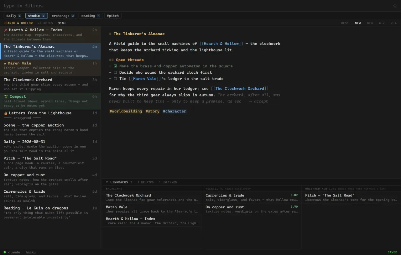 Malt’s writing interface showing a notes list and a draft with an inline prose continuation.