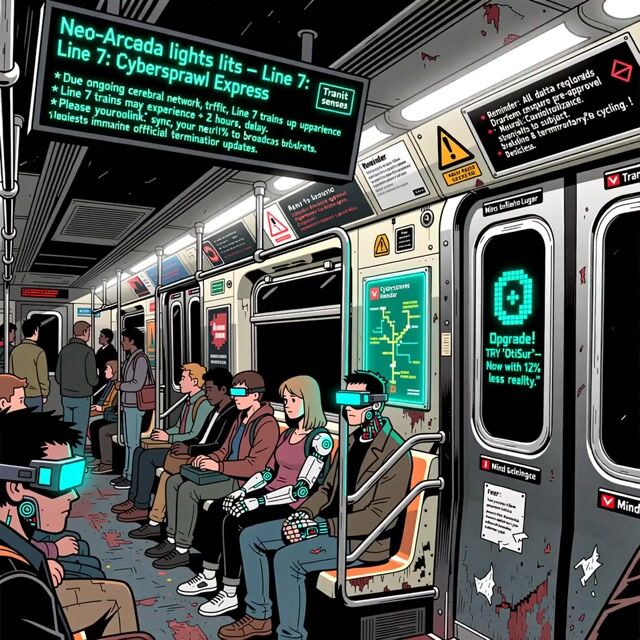 Line 7: illustrated passengers in a cyberpunk subway carriage.