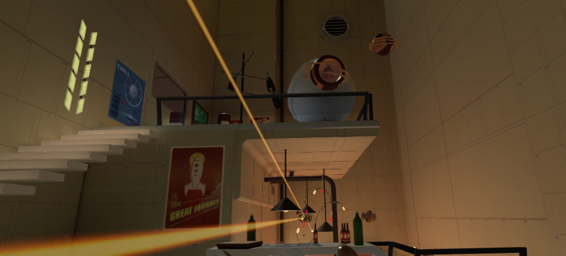 A room in Kitty Nigiri with laser puzzles, suspended objects, and a science-fiction travel poster.